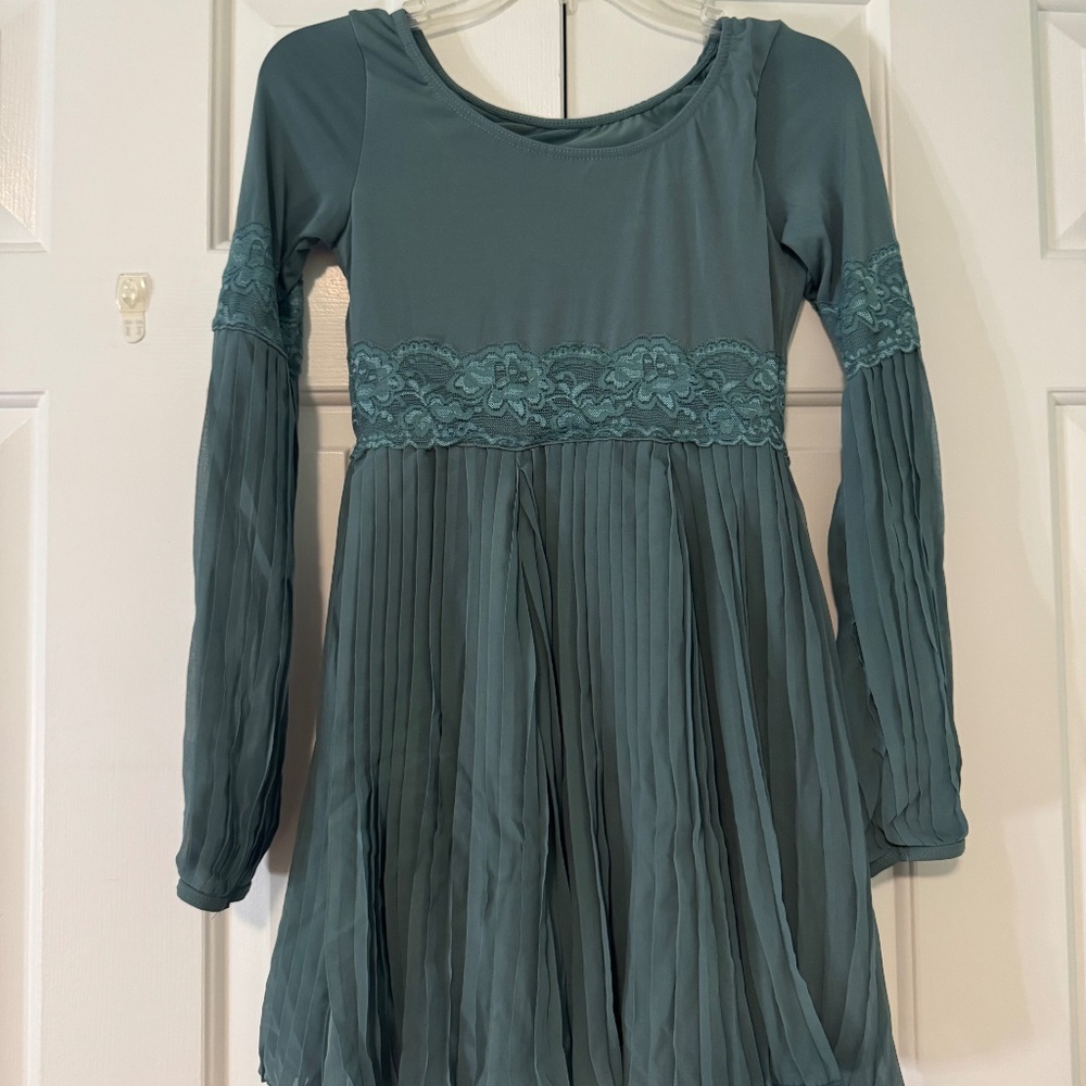 Teal Long Sleeve Pleated Dress Dance Costume